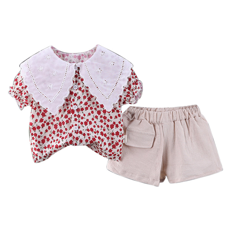Girls Pink Floral Printed Above The Keyboard Collar Top and Short