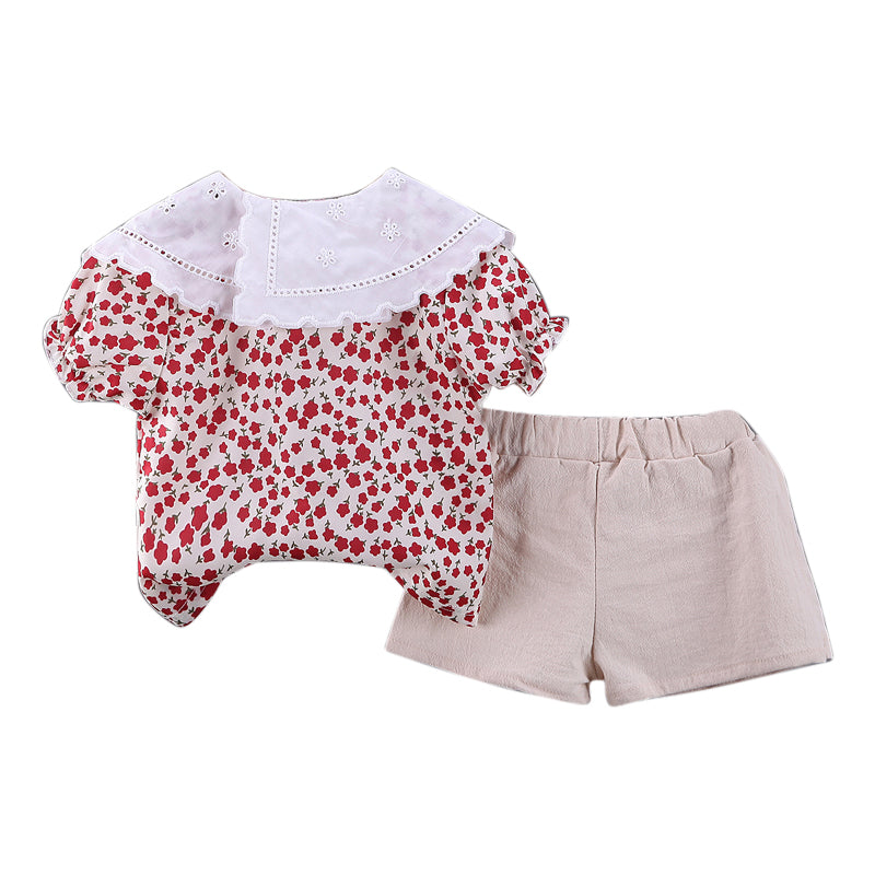 Girls Pink Floral Printed Above The Keyboard Collar Top and Short