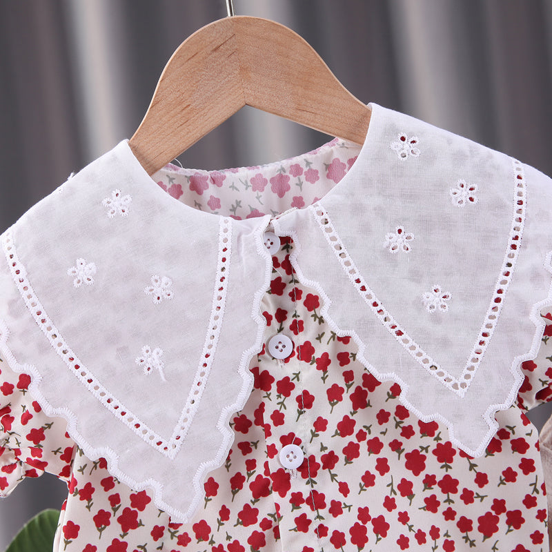 Girls Pink Floral Printed Above The Keyboard Collar Top and Short