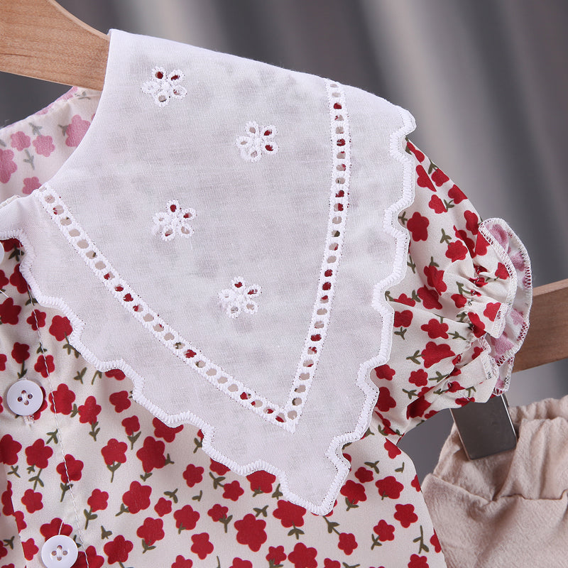Girls Pink Floral Printed Above The Keyboard Collar Top and Short