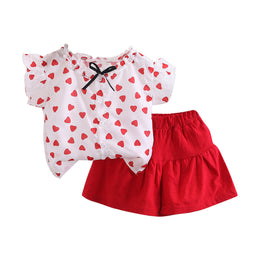 Girls Red Printed Top & Skirt