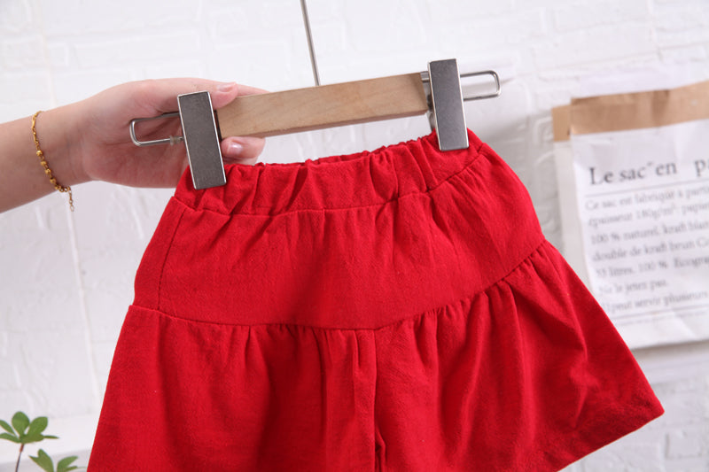 Girls Red Printed Top & Skirt