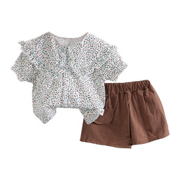 Girls White & Brown Printed Top With Trousers
