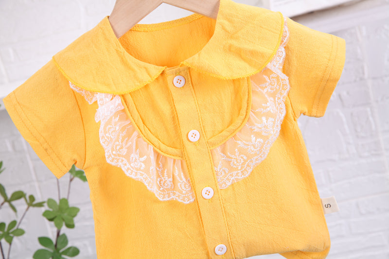 Girls Yellow Peter Pan Collar Top with Shorts