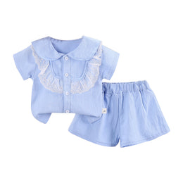 Girls Blue Ruffles Detail Shirt with Pyjamas