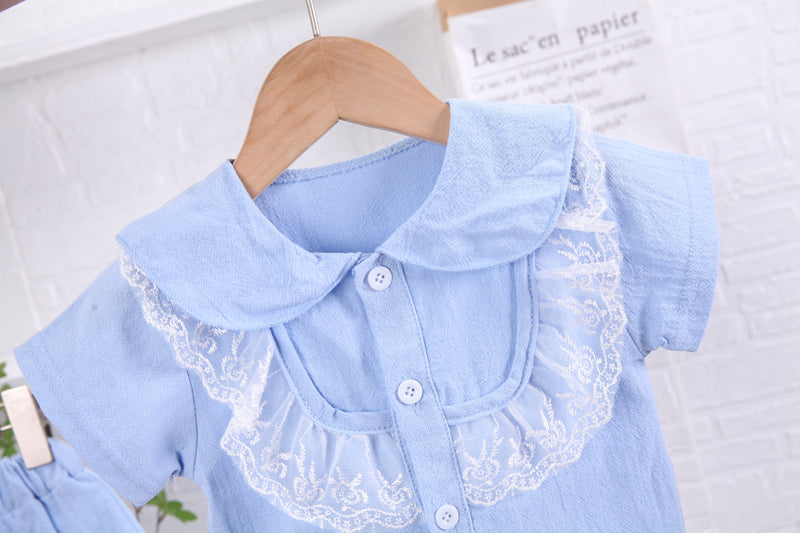 Girls Blue Ruffles Detail Shirt with Pyjamas