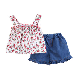 Girls Red & Blue Floral Printed Top With Shorts
