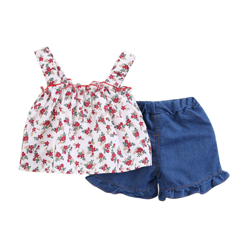 Girls Red & Blue Floral Printed Top With Shorts