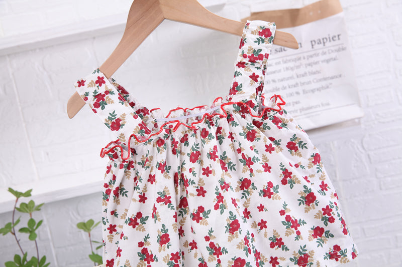 Girls Red & Blue Floral Printed Top With Shorts