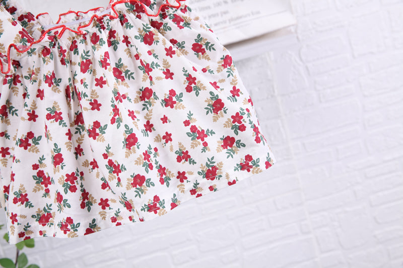 Girls Red & Blue Floral Printed Top With Shorts