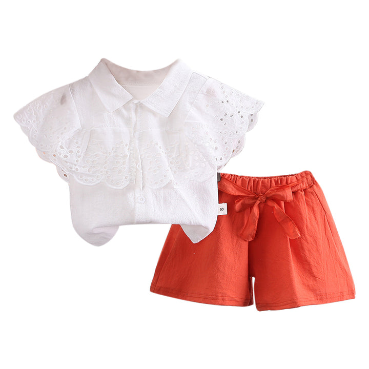 Girls White & Orange Self Design Top with Pyjamas