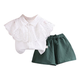 Girls White & Green Shirt Collar Top with Shorts