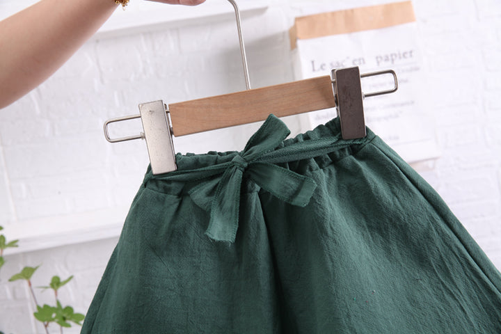 Girls White & Green Shirt Collar Top with Shorts