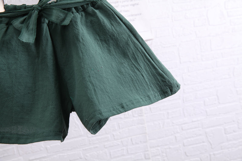 Girls White & Green Shirt Collar Top with Shorts