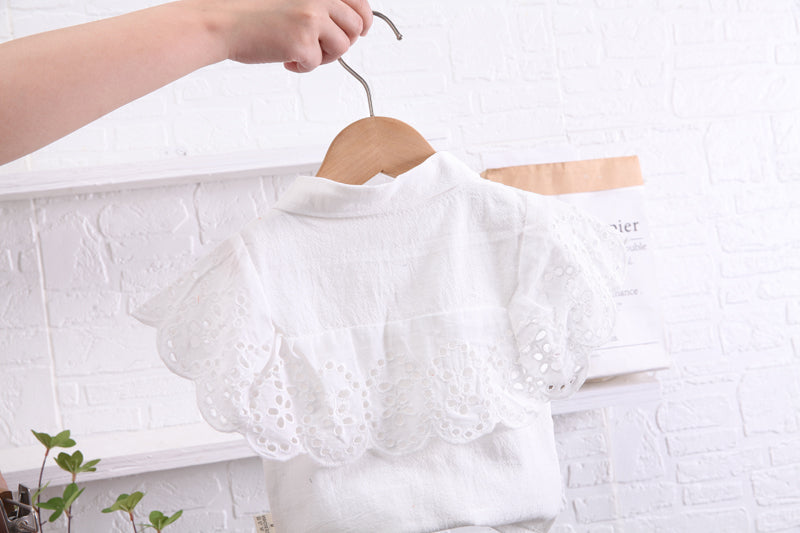 Girls White & Green Shirt Collar Top with Shorts
