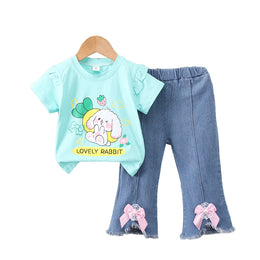Girls Green Printed T-shirt with Trousers