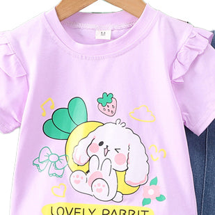 Girls Printed Round Neck T-shirt With Trousers