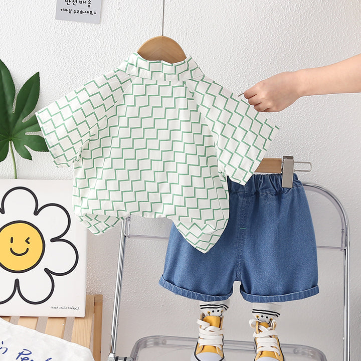 Boys Green Geometric Printed T-shirt With Shorts