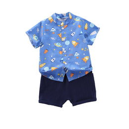 Boys Blue Graphic Printed Shirt with Shorts