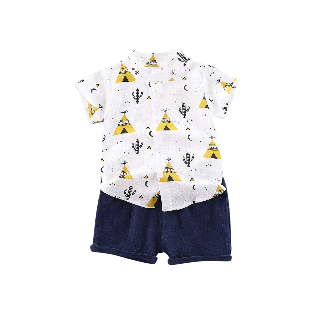 Boys White Conversational Printed Mandarin Collar Shirt & Shorts