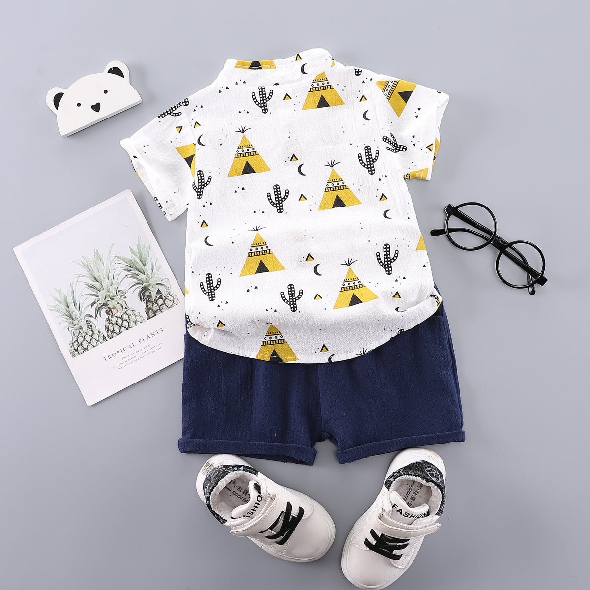 Boys White Conversational Printed Mandarin Collar Shirt & Shorts