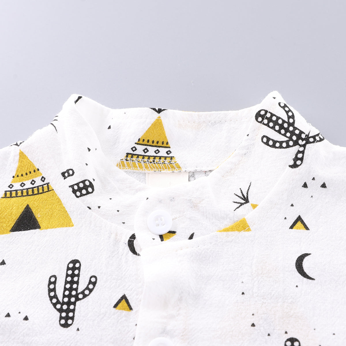 Boys White Conversational Printed Mandarin Collar Shirt & Shorts