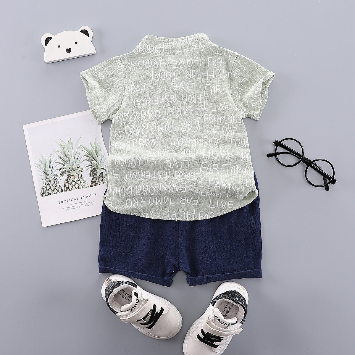 Boys Printed Mandarin Collar Shirt With Short