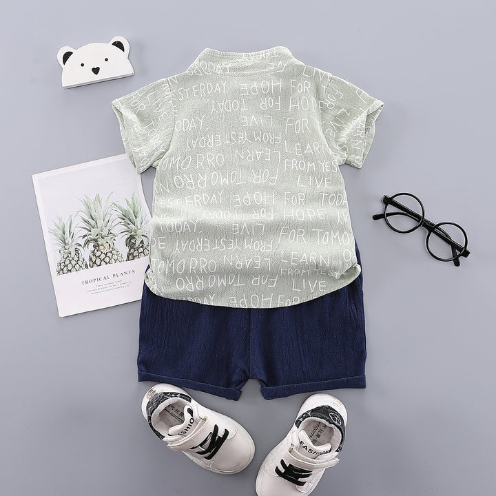 Boys Printed Mandarin Collar Shirt With Short