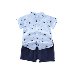 Boys Blue & Navy Blue Printed Shirt with Shorts