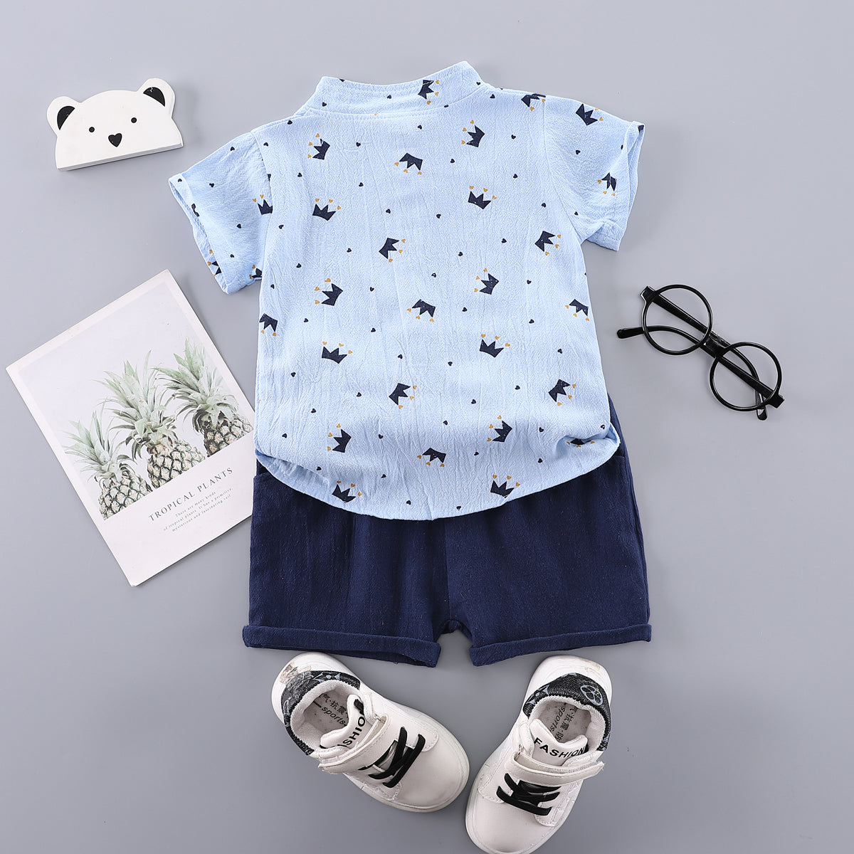 Boys Blue & Navy Blue Printed Shirt with Shorts