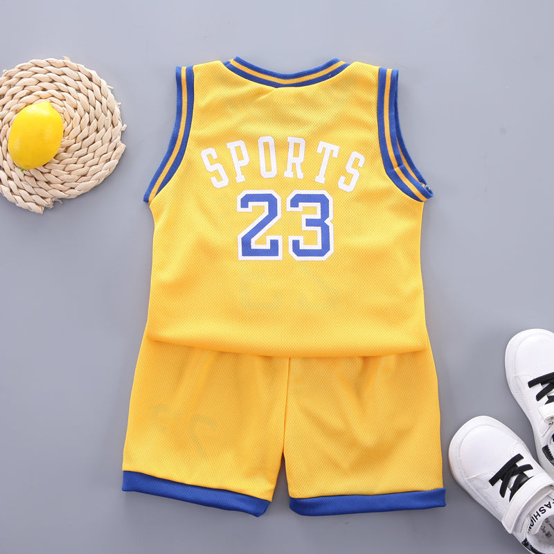 Boys Yellow & Blue Round Neck Sleeveless Printed T-shirt with Shorts