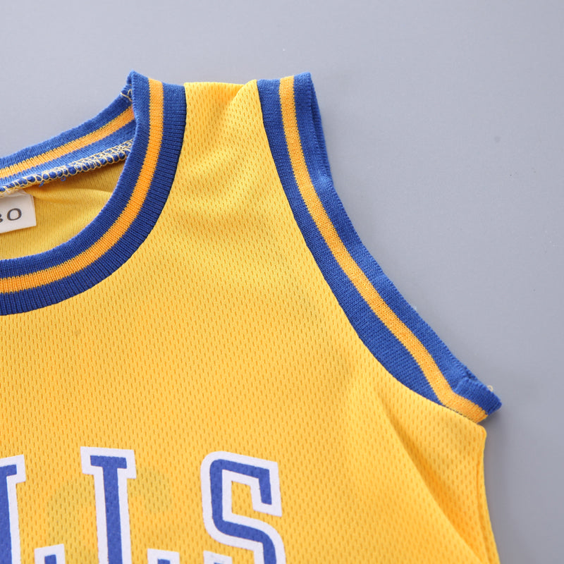 Boys Yellow & Blue Round Neck Sleeveless Printed T-shirt with Shorts