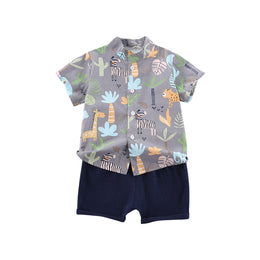 Boys Grey Conversational Printed Mandarin Collar Shirt With Shorts