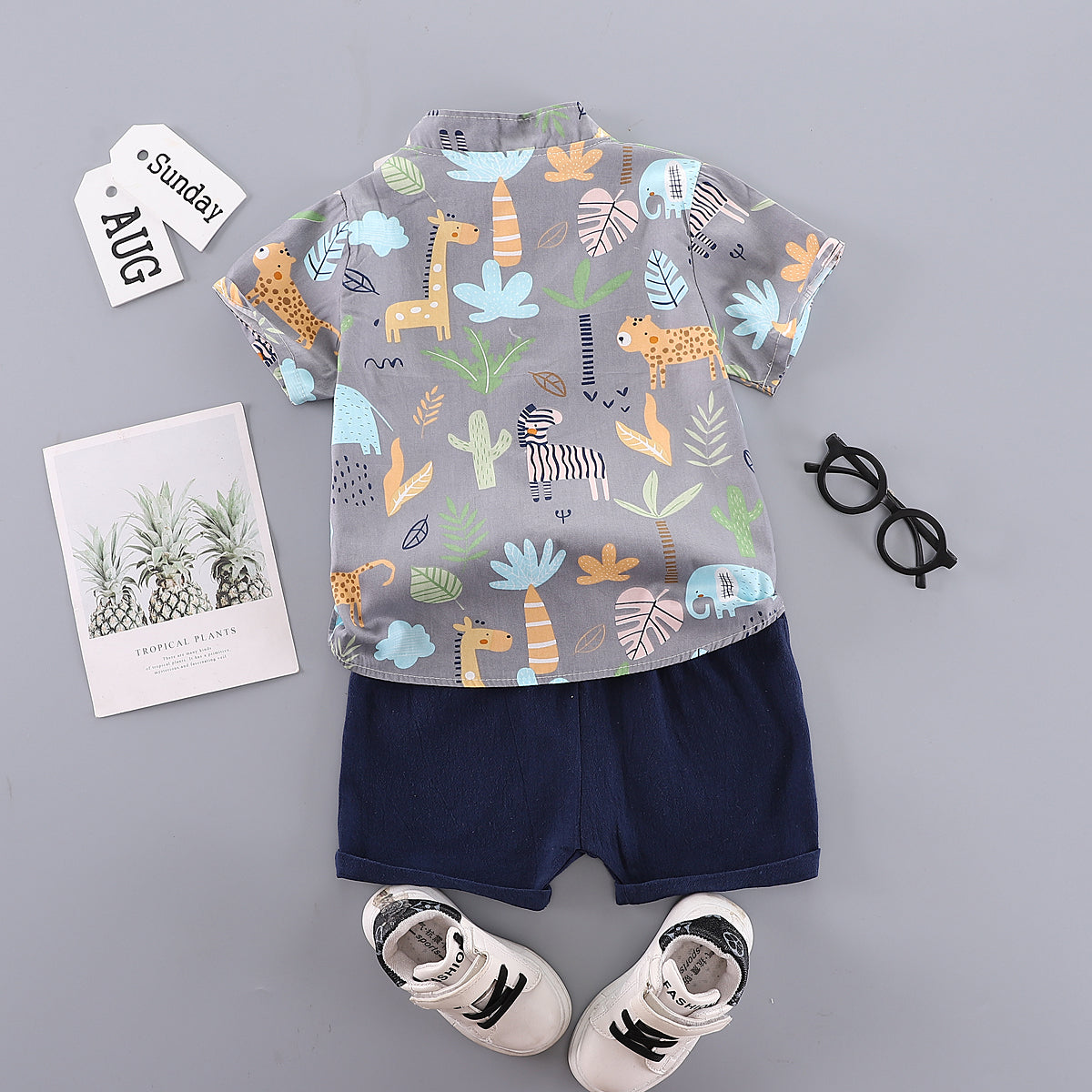 Boys Grey Conversational Printed Mandarin Collar Shirt With Shorts