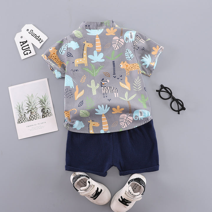 Boys Grey Conversational Printed Mandarin Collar Shirt With Shorts