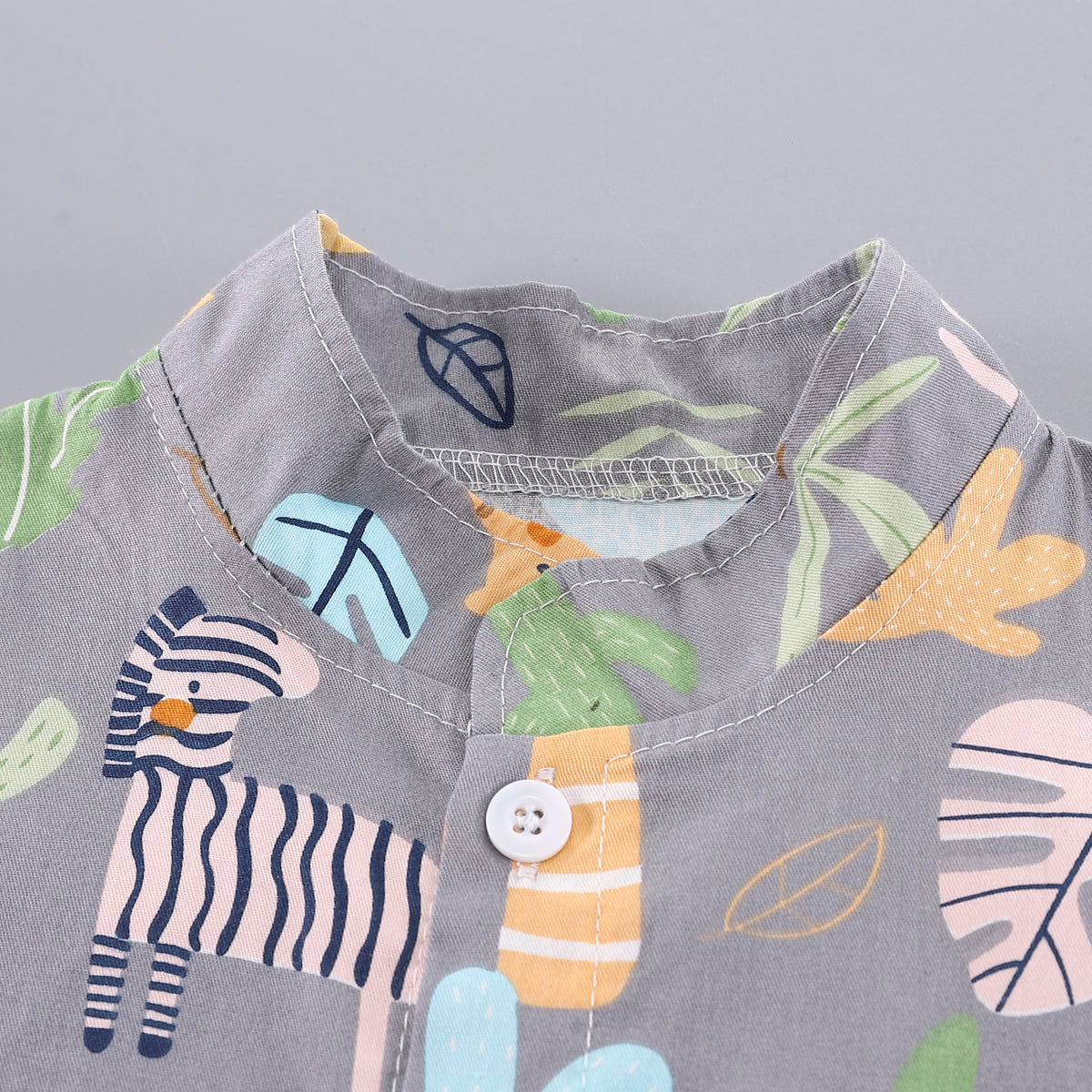 Boys Grey Conversational Printed Mandarin Collar Shirt With Shorts