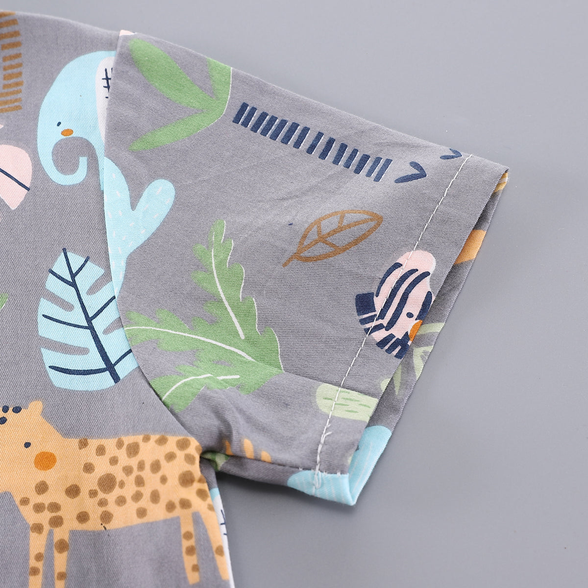 Boys Grey Conversational Printed Mandarin Collar Shirt With Shorts