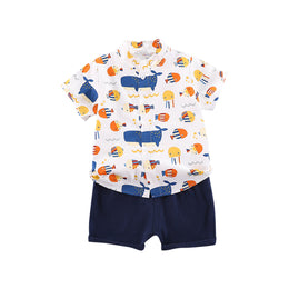 Boys Blue & White Conversional Printed Shirt with Shorts