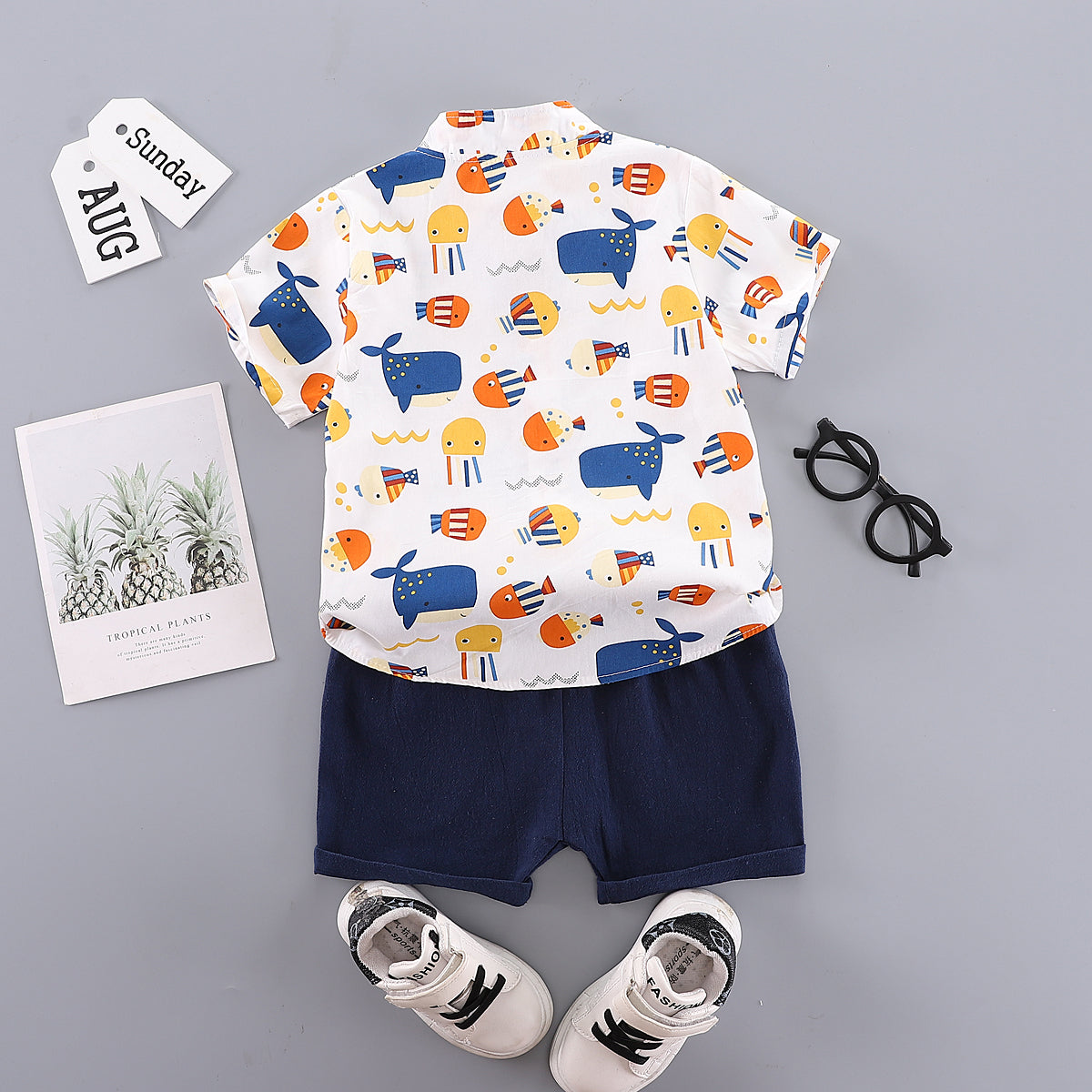 Boys Blue & White Conversional Printed Shirt with Shorts