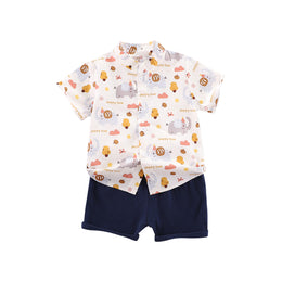 Boys Yellow & Navy Blue Conversational Printed Shirt with Shorts
