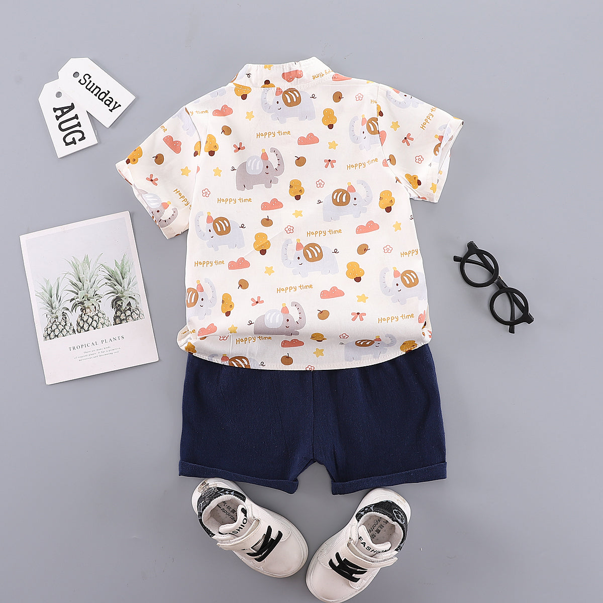 Boys Yellow & Navy Blue Conversational Printed Shirt with Shorts