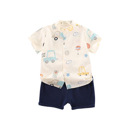 Boys Beige & Blue Printed Shirt with Shorts