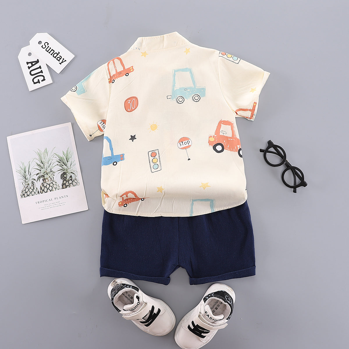 Boys Beige & Blue Printed Shirt with Shorts