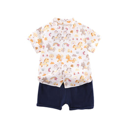 Boys Conversational Printed Mandarin Collar Shirt with Shorts