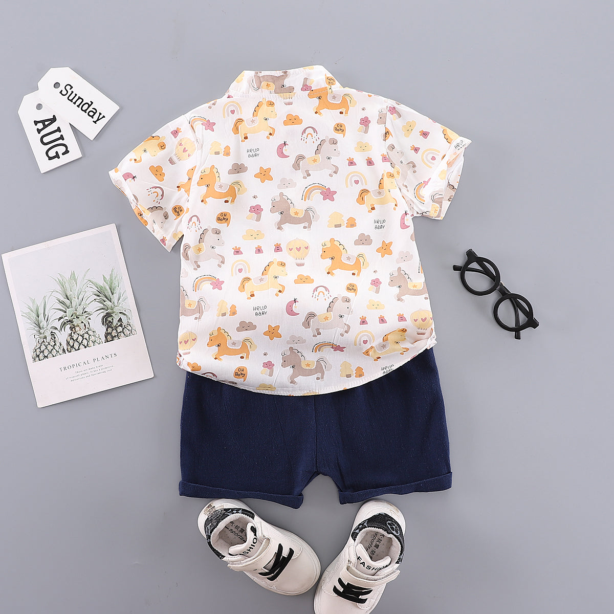 Boys Conversational Printed Mandarin Collar Shirt with Shorts