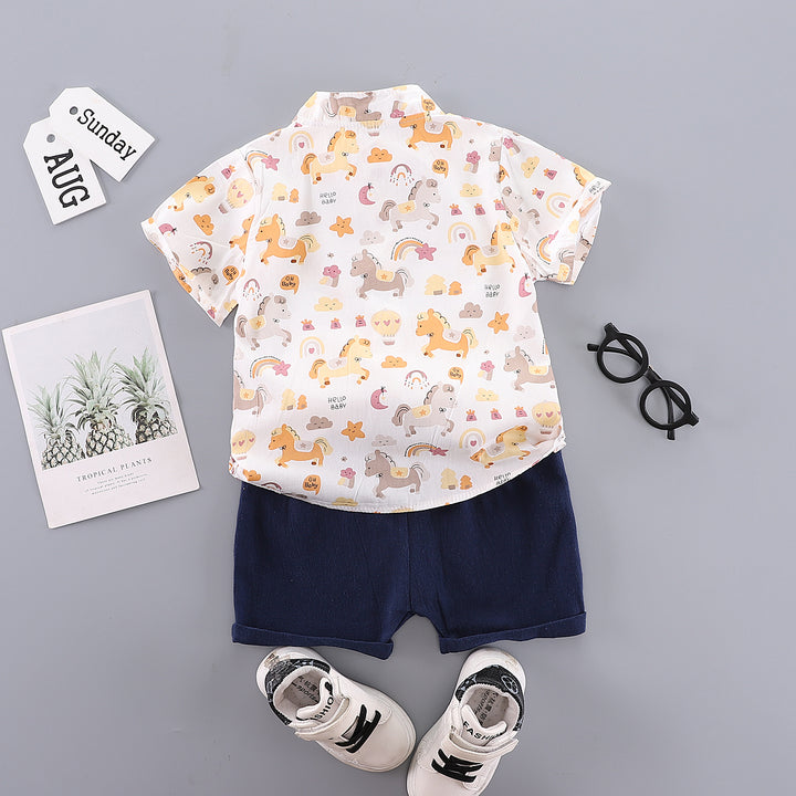 Boys Conversational Printed Mandarin Collar Shirt with Shorts