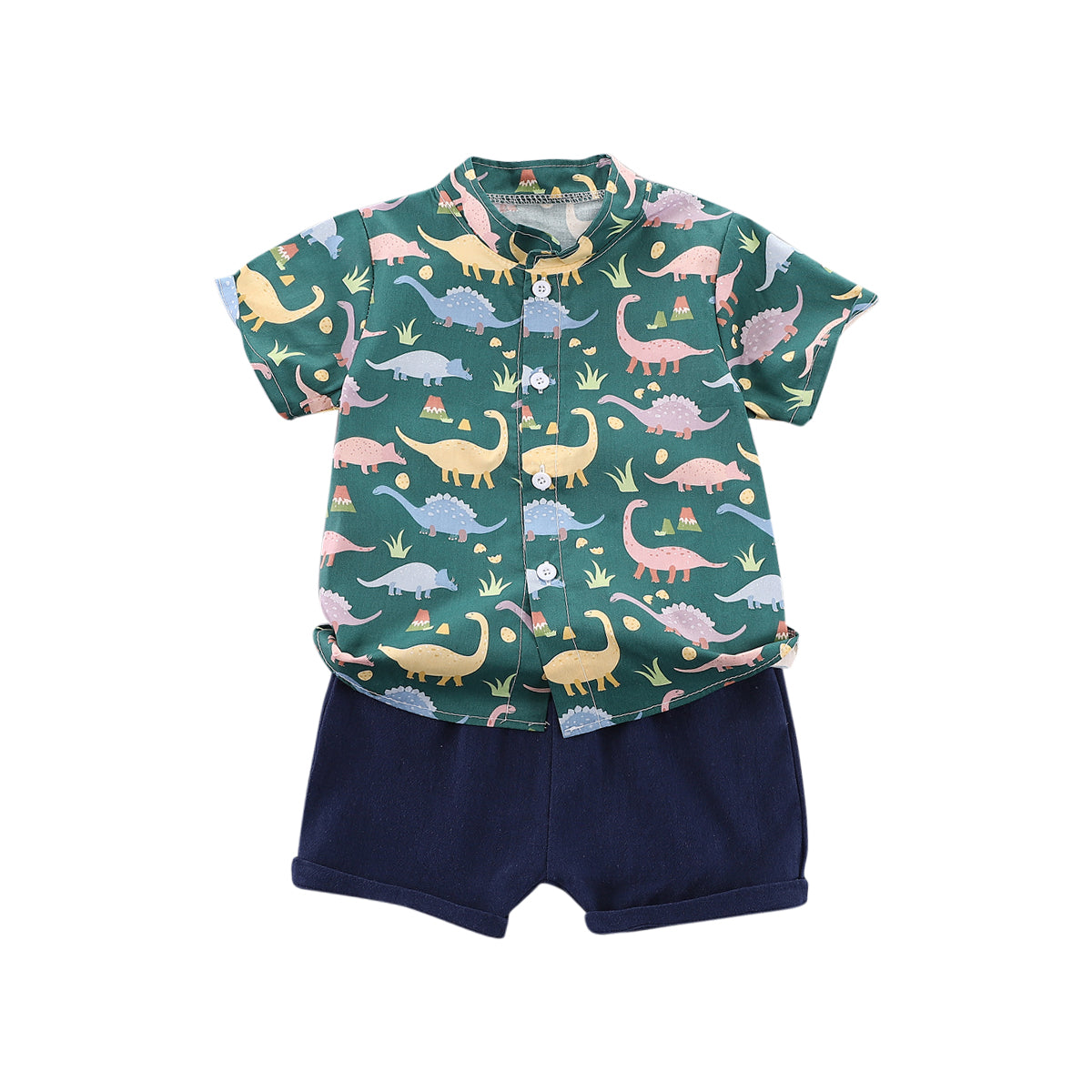 Boys Green & Navy Blue Printed Mandarin Collar Shirt with Shorts