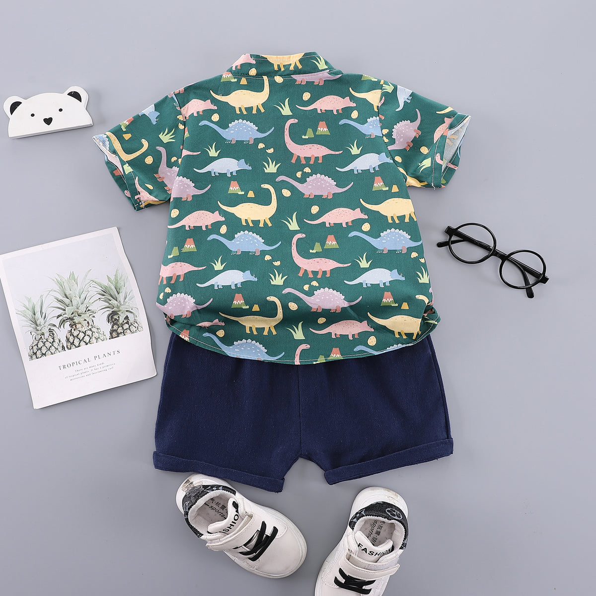 Boys Green & Navy Blue Printed Mandarin Collar Shirt with Shorts