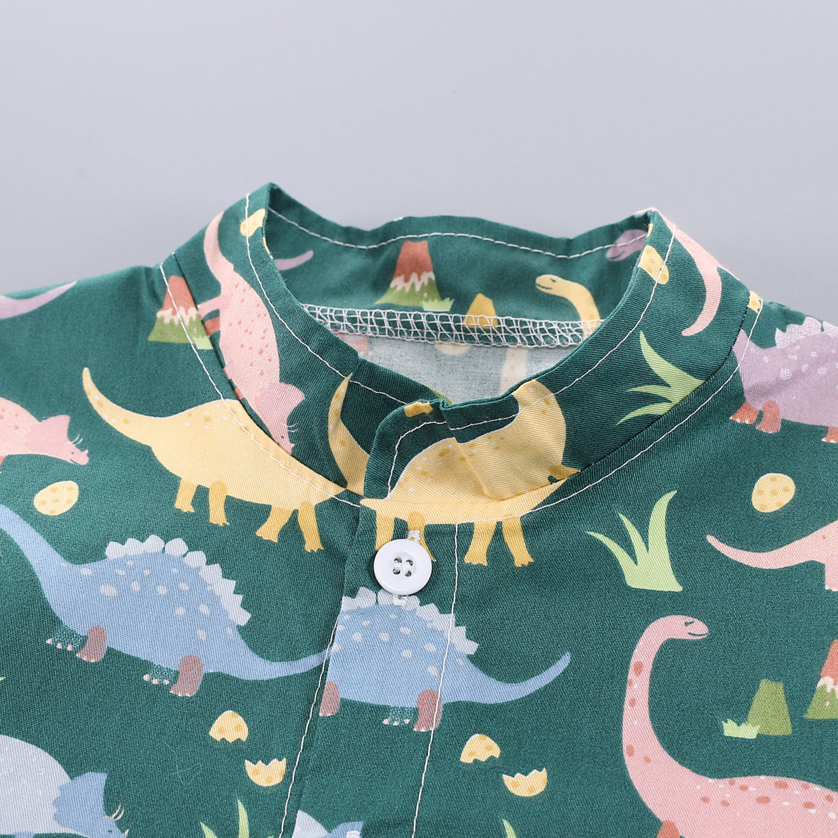 Boys Green & Navy Blue Printed Mandarin Collar Shirt with Shorts