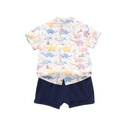 Boys White & Blue Animal Printed Mandarin Collar Shirt with Shorts